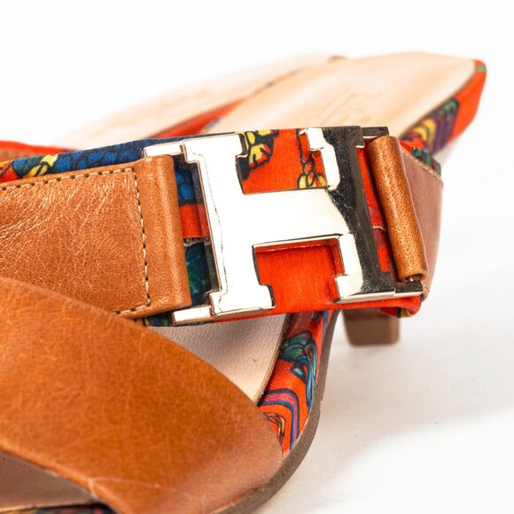 Hermes Brown Leather & Orange Printed-Silk Mule Sandals - Picture 9 of 11